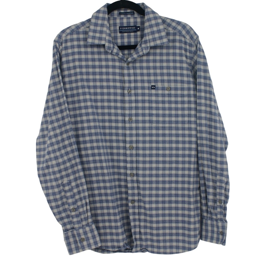 Fish Hippie Mens Flannel Shirt Blue White Plaid Long Sleeve Button Down Size M